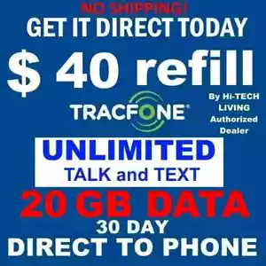 $40 TRACFONE ✅ With 20 GB DATA !💗 PREPAID REFILL ✅ DIRECT to PHONE TODAY! - Picture 1 of 2