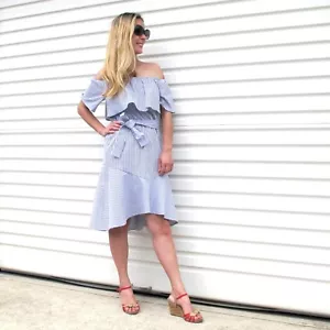 NEW LADIES OFF THE SHOULDER LINEN STRIPE DRESS RUFFLE DRESS SIZE 8-10-12-14/16 - Picture 1 of 3