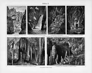 1905 GROTTE CAVERNE GROTTE INCISIONE ILLUSTRAZIONE STAMPA 3pgs FOLDOUT - Foto 1 di 4