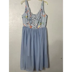 Elegant Light Blue Large Dress With Butterfly Print & Lace-Up Detail Zip Midi - Picture 1 of 12