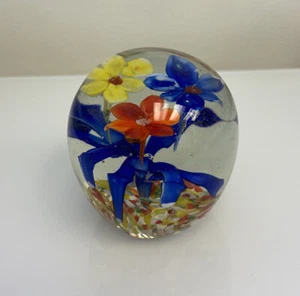 Vintage Art Glass Paperweight Colorful Encased Flowers in Clear Glass Large Orb - Picture 1 of 9