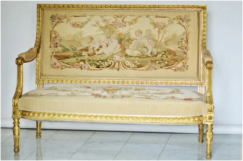 French  Aubusson Upholstered Antique Settee Sofa & 4 Chairs, 19th Century Cover