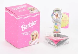 Reloj de pulsera Barbie de colección de lote antiguo Timex 89291 banda transparente patrón floral Z12 - Imagen 1 de 7