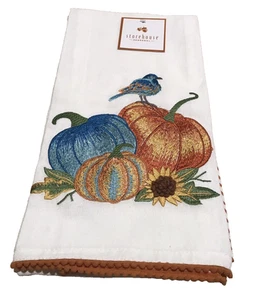 Fall Autumn Harvest Embroidered Pumpkins Bird Holiday Kitchen Cup Towels 2 NEW - Picture 1 of 5