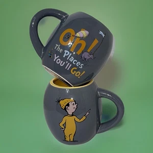 2 Oh! The Places You'll Go Mug Dr Seuss Ceramic Gray Yellow Graduation Gift 22oz - Picture 1 of 8