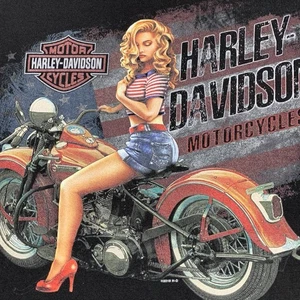 Harley Davidsons Mens Medium Black Short Sleeve T Shirt Chopper Pinup Girl USA - Picture 1 of 7
