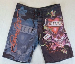Vintage Ed Hardy Y2K Colorful Board Shorts Mens 32 Love Kills Surf Or Die - Picture 1 of 19