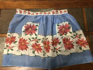 Vintage Sheer Voile Christmas Holiday Apron Poinsettias Ornaments Mistletoe - Picture 1 of 4