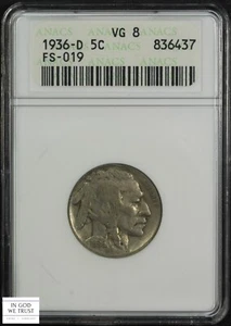 1936 D 3 1/2 Legs FS-901 (019) Buffalo Nickel 5C Old Soap Box Holder ANACS VG 08 - Picture 1 of 5