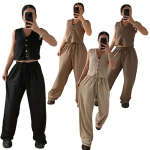 Women's Loungewear Wide Leg Trousers and Waffle Waistcoat V Neck Co Ord Set - Picture 1 of 8