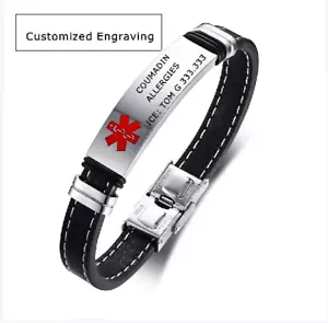 Leather Medical Alert ID ICE Bracelet Bangle Cuff Stainless Steel Free Engraving - Picture 1 of 8