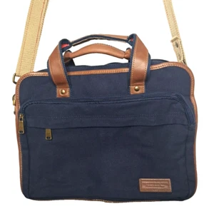 Vtg Tommy Hilfiger Canvas & Leather Trim Laptop Bag Carry On Messenger Blue Tan - Picture 1 of 21