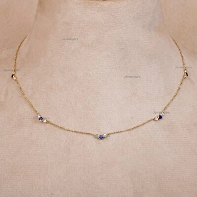 Collar de cadena delicada trío de diamantes y zafiros azules en joyería de oro amarillo de 14 k Foto 1 de 4