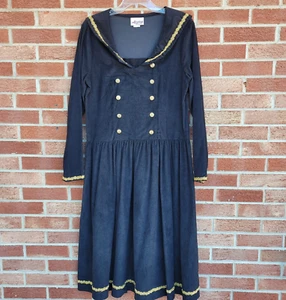 Vintage Storybook Heirlooms Black Corduroy Sailor Dress Women's Sz 12 Gold Trim - Picture 1 of 7