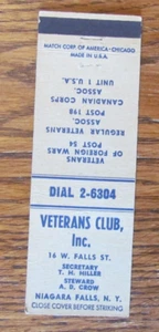 FRATERNAL V.F.W. FUNDA MATCHBOOK: CATARATAS DEL NIAGARA, NUEVA YORK CUBIERTA VACÍA -B9 - Imagen 1 de 1