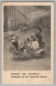 Postcard c1910 Expect Me Shortly, Coming In My Racing Auto Comic Hobo Car - Picture 1 of 2