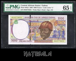 CENTRAL AFRICAN STATES GABON 5000 5,000 FRANCS 2000 LETTER "L" PMG 65 GEM UNC - Picture 1 of 2
