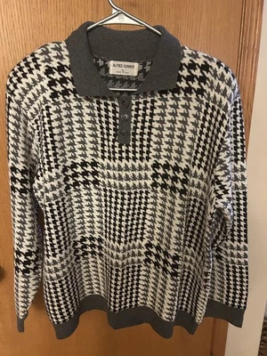Vintage 80s Alfred Dunner Collared Henley Sweater Black-White Houndstooth, Large - Image 1 of 4