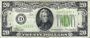 1934 $20 Light Green Seal Small Size Federal Reserve Note FR2054-D - Picture 1 of 2