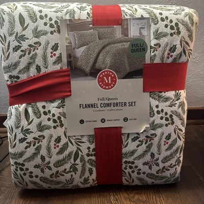 Martha Stewart FULL QUEEN Holly & Ivy 3 Pc Flannel Comforter Set 100% Cotton NEW - Image 1 of 3