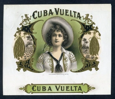 RARO Antiguo Original CUBA VUELTA Etiqueta de Puro - MUJER JOVEN - ESCENAS DE PLANTACIÓN Foto 1 de 2
