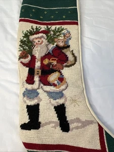 Vintage Needlepoint Christmas Stocking Santa with Toy Sack Cream Velvet - Picture 1 of 17