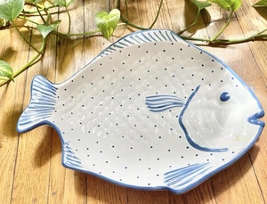 Vintage Gmundner Keramik Blue FISH PLATTER rare Austria Polka Dot Design 10x13.5 - Picture 1 of 3