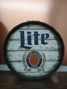 Rare Miller Lite Round Double Sided Hanging Barrel Wood Sign Bar Beer Man Cave - Picture 1 of 5