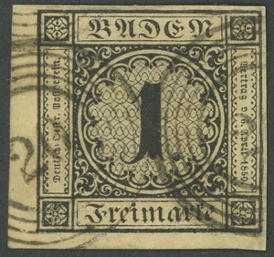 BADEN 1a o, 1851, 1 Kr. schwarz auf sämisch, linke untere Bogenecke,  - Bild 1 von 1