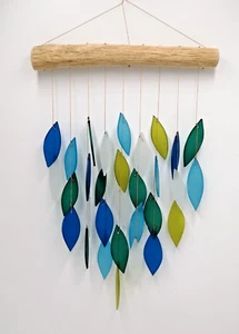 Windspiel Klangspiel Glas Treibholz Blatt Aquafarben Blau Deko Innen Garten - Bild 1 von 5