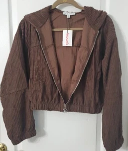 HYFVE CROPPED BROWN SOFT TERRY CLOTH CORDUROY ZIP HOODIE JACKET WOMENS SMALL NWT - Picture 1 of 8