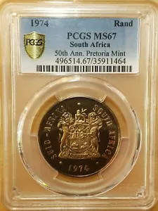1974 Sudafrica 1 bordo argento 50° anno PRETORIA PCGS MS67 1464 Nuovi Tonizzati - Foto 1 di 3