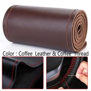 DIY Coffee Genuine Leather Car Steering Wheel Cover Case Needle&Thread Universal