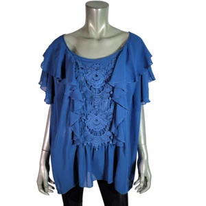 Top de mezclilla 24/7 talla grande 22W/manga corta aleteada volantes pulóver azul transparente - Imagen 1 de 5