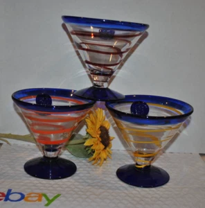NEW Kosta Boda s/3 Royal Caribbean Blue Martini Glasses Yellow Orange Red Swirls - Picture 1 of 4