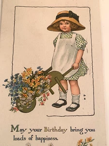 Tucks Postcard Antique Birthday Girl with Wheel Barrel of Flowers Posted 1914 - Picture 1 of 4