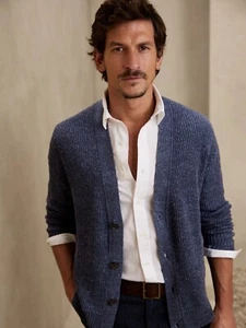 BANANA REPUBLIC HOMBRES Brady Lino Algodón Cárdigan Suéter XLT XL ALTO $150 Pacífico - Imagen 1 de 11