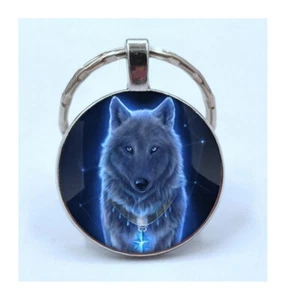 Porte-clés, Bijou de Sac cabochon Loup Bleu avec Mousqueton.  - Picture 1 of 4