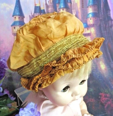 Antiguo sombrero gorro muñeca Bebe francesa seda acanalada melocotón-oro se adapta a cabeza de 15-17" Foto 1 de 4