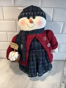 Vintage Weihnachten 80er Jahre Plüsch Schneefrau mit Karo und Schneebällen - Bild 1 von 11