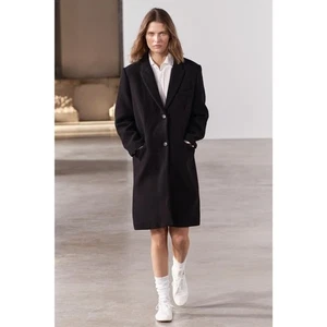 NEW ZARA MANTECO Wool Coat Women's Small Black Single Breasted Knee Length Italy - Picture 1 of 10