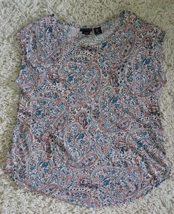 Tahari Womens Linen Paisley Print Cap Sleeve Top Size M Multicolor Summer Blouse - Picture 1 of 7