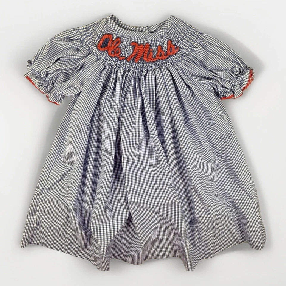Girls 12M Vive La Fete Smocked OLE MISS Bishop Dress Gingham Blue White Red - Image 1 of 4