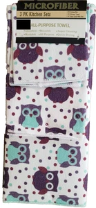 3pc Kitchen Microfiber Set: 1 Drying Mat, 1 Towel, 1 Dishcloth, COLORFUL OWLS #2 - Picture 1 of 11