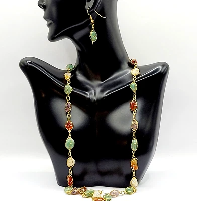 Agate Nugget Semi Precious Stones Gold Tone Cage Wire Wrap Necklace and Earrings - Image 1 of 4
