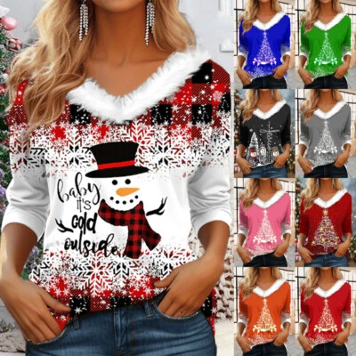 Ladies CHRISTMAS Print Tops Xmas Faux Fur Shirts Pullover Blouse PLUS SIZE 6-24- - Image 1 of 4