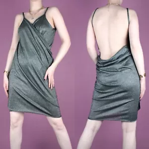 VINTAGE 90s 2000s Y2K Metallic glitter Silver Wrap Backless Strappy Dress S M - Picture 1 of 7