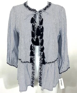 Westport Blue White Striped Tunic Long Sleeve Embroidered Lace Hem Open Sz M $39 - Picture 1 of 11