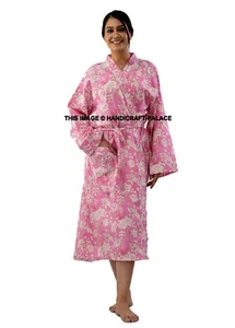 Cotton Kimono Cardigan Open Top Kaftan Hand Block Print Pink Gown Bathrobe Beach - Picture 1 of 5