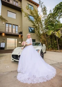 Meraviglioso abito da sposa Tulle Bateau scollo con applique in pizzo e cintura - Foto 1 di 11